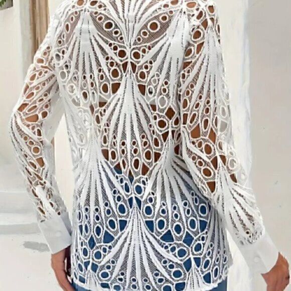 White Hollow Out Shirt, Versatile Long Sleeve Shirt For Spring & Fall XL - Picture 4 of 5